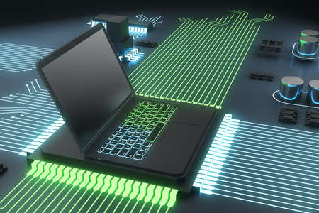 Abstract circuit built in empty laptop pc screen on green hardware background. Technology, software...