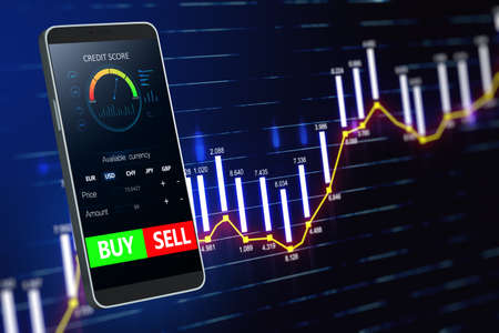 Close up of smart phone with forex chart and sell, buy buttons on dark background. Stock exchange,...