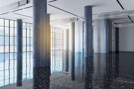 Contemporary white concrete business center hall interior with reflections, windows and bright city view. 3D Renderingの写真素材
