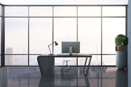 Minimalistic design of office interior with panoramic windows, city view, daylight, workplace with...