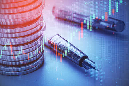 Close up of stacked coins, pen and forex chart on blurry desktop background. Financial management, money and investment concept. Double exposureの写真素材