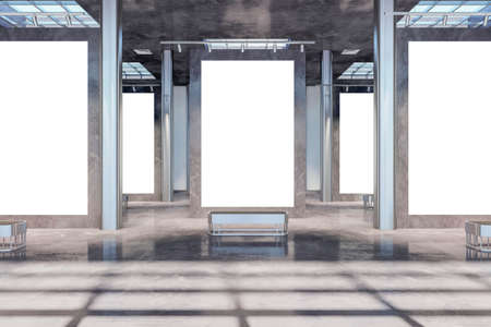Modern concrete gallery interior with empty posters and shadows. Exhibition concept. Mock up, 3D Renderingの写真素材