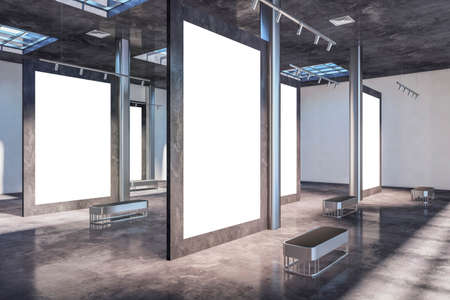 Contemporary concrete gallery interior with empty posters and shadows. Exhibition concept. Mock up,...