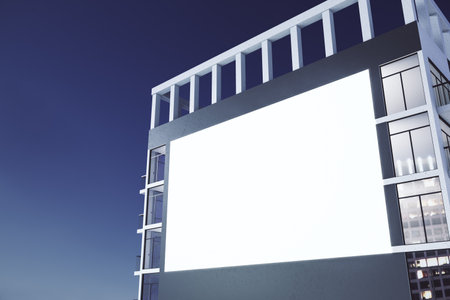 Blank white billboard on city and blue sky background. Advertising and public ad concept. Mock up, 3D Renderingの写真素材