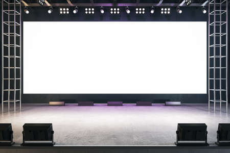 Blank white rectangular screen in interior with concrete floor. Presentation, movie theater and...