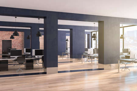 Modern concrete coworking office interior with wooden flooring, window and city view, furniture,...