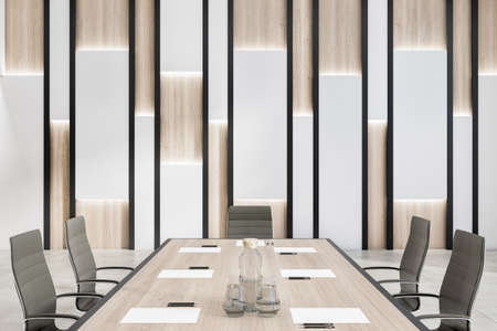 Clean meeting room interior with table and chairs. Workplace, negotiation and design concept. 3D...
