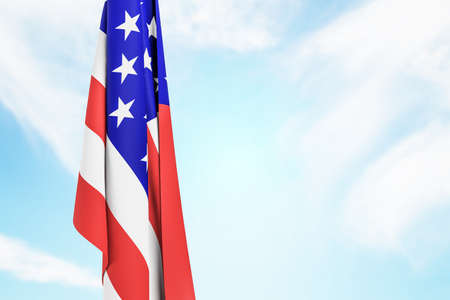 Creative blurry folded american flag on sky and clouds backdrop with mock up place. National freedom, celebration, independence and holiday concept. 3D Renderingの写真素材