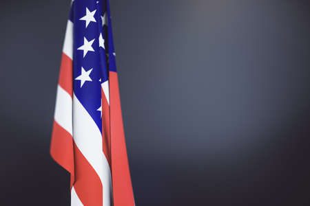 Creative blurry folded american flag on gray background with mock up place. National freedom, celebration, independence and holiday concept. 3D Renderingの写真素材