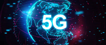 Panoramic image with globe 5G hologram on dark background. Technology, data and future concept. 3D Renderingの写真素材