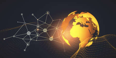 Glowing globe hologram with polygonal mesh on dark background. Global network and internet concept....