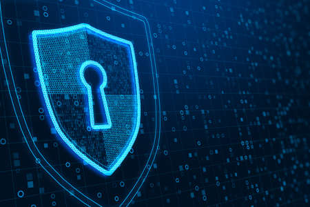 Abstract glowing shield with padlock icon on dark binary code background with mock up place. Online...