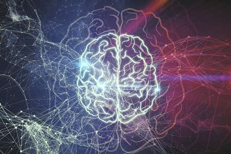 Glowing brain with polygonal mesh on colorful tech background. Artificial intelligence and machine...