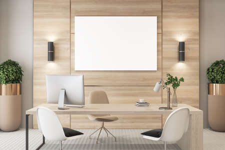 Modern wooden office interior with empty white mock up poster, desktop, equipment and other items....