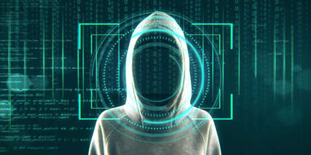 Hacker standing on abstract binary code background with face recognition interface. Hacking, ID and...