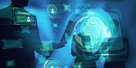 Businesspeople working together with abstract digital business interface on dark blue background....