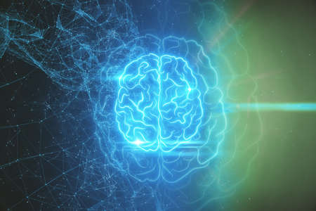 Creative glowing brain with polygonal mesh on colorful tech background. Artificial intelligence and...