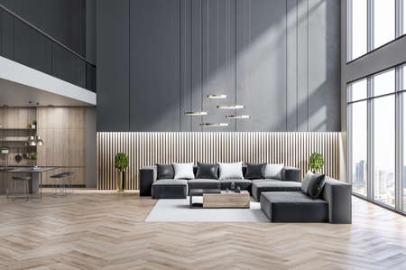 Modern kitchen and living room studio interior with wooden flooring, window and city view. Design...