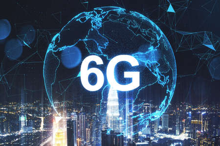Globe with 6G hologram on blurry night city background. Technology, data and future concept. Double exposureの写真素材