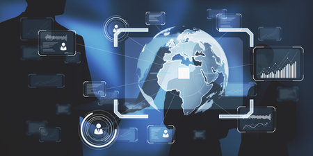 Businesspeople working together with abstract digital business interface on dark blue background....
