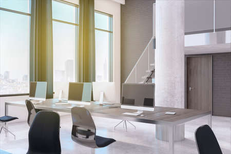 Luxury two-storey coworking office interior with windows, city view, curtains, daylight, furniture...