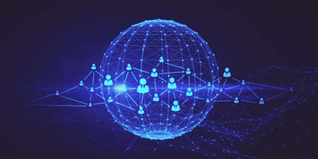Abstract glowing blue grid globe with people icons on dark background. Social media, networking,...