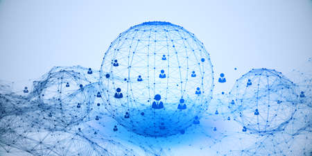 Abstract glowing blue grid globe with people icons on light backdrop. Social media, networking, communication and connection concept. 3D Renderingの写真素材