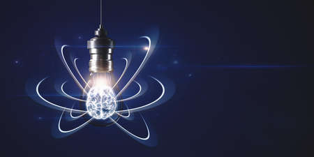 Abstract light bulb on dark backdrop with digital brain and atom outline and mock up place. Artificial intelligence, science and innovation concept. 3D Renderingの写真素材