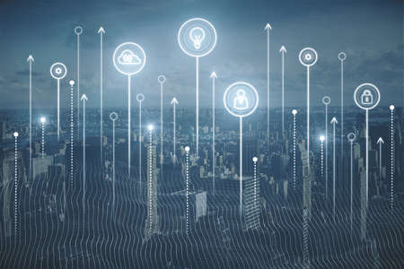 Abstract city backdrop with glowing connections. Urban technology, smart city and future concept....