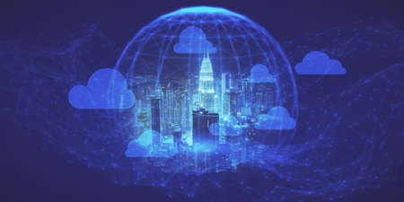 Creative polygonal sphere with clouds and city on wide blue background. Technology, network and...