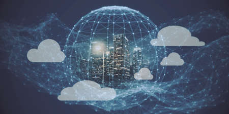 Abstract polygonal sphere with clouds and city on wide blue backdrop. Technology, network and future building concept. 3D Renderingの写真素材