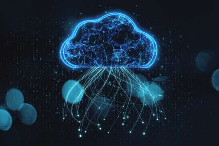 Abstract glowing blue digital cloud with binary code on dark blurry bokeh background. Computing and...