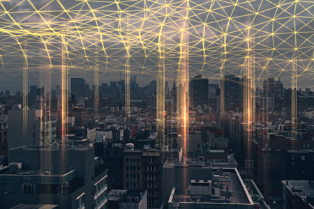 Creative city texture with glowing polygonal connections. Urban technology, smart city and future concept. Double exposureの写真素材