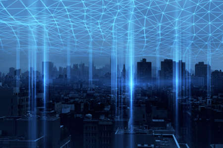 Creative city background with glowing polygonal connections. Urban technology, smart city and future...