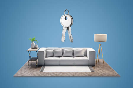 Creative sofa and living room fragment on blue background with silver keys. Mortgage and house...