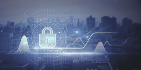 Abstract business chart with padlock interface glowing on blurry city background. Investment, stock,...