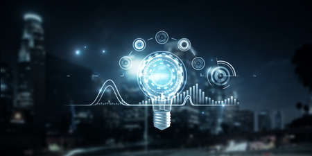 Abstract glowing business interface with glowing light bulb on dark night city background....