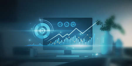 Close up of computer monitor with abstract glowing business chart on blurry office background. Finance and innovation concept. 3D Renderingの写真素材