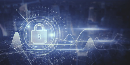 Creative business chart with padlock interface glowing on blurry city background. Investment, stock,...