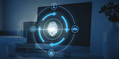 Close up of computer on desktop with abstract glowing fingerprint id scanning interface on blurry...