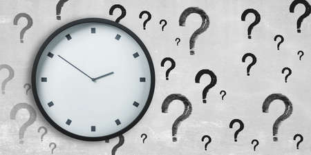 Creative clock and question marks sketch on concrete wall background. Time management and deadline conceptの写真素材