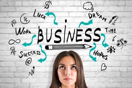 Portrait of attractive young european businesswoman with creative business sketch on white brick...