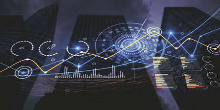 Abstract glowing business graph on blurry night city backdrop. Innovation, information and...