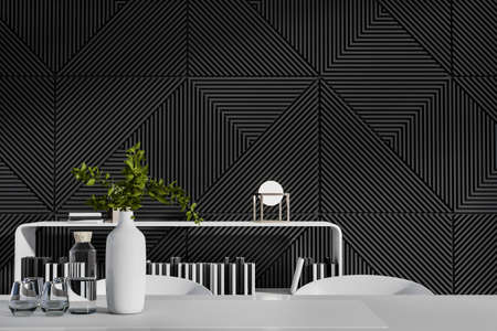 Close up of glass items on desktop in contemporary meeting room interior with furniture, decorative items and daylight. 3D Renderingの写真素材