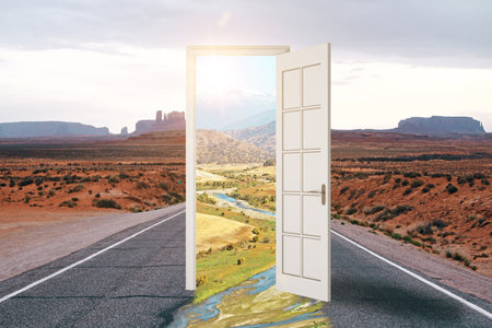 Creative open door leading to beautiful landscape. Dream and success concept. 3D Renderingの写真素材