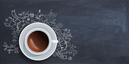 Top view of coffee cup on chalkboard background with food sketch and mock up place. Breakfast conceptの写真素材