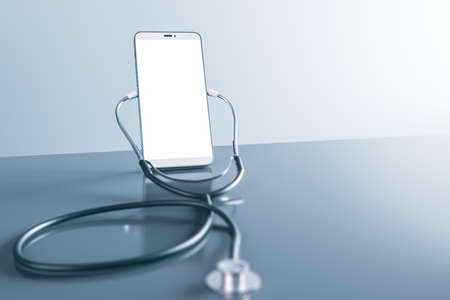 Close up of empty cellphone screen with stethoscope on light background with mock up place. Online medicine, ask a doctor concept. 3D Renderingの写真素材
