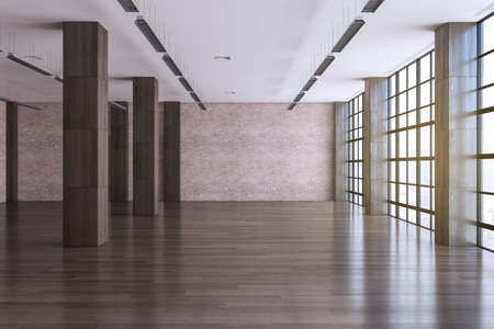 Bright spacious empty office interior with shiny wooden flooring and window with city view and...