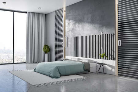 Modern concrete bedroom interior with panoramic city view and curtains, daylight, furniture and rug. Design and home concept. 3D Renderingの写真素材