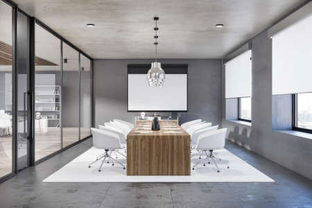 Modern concrete and wooden meeting roomoffice interior with glass, partition and furniture,...